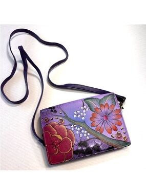 Anuschka Hand Painted Organizer Wallet Crossbody Purse Clutch Genuine Leather